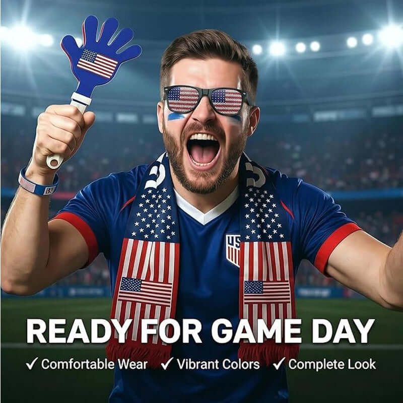 USA World Cup Fan Kit showcasing a fan ready for game day with patriotic accessories.