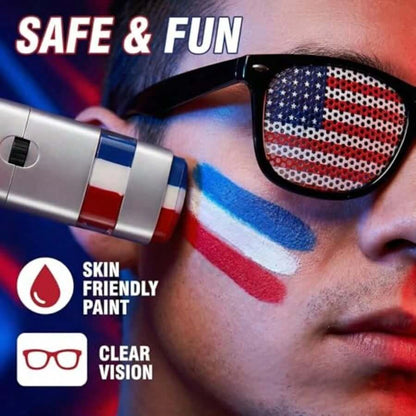 USA world cup fan kit image featuring a fan with painted face and American flag-themed sunglasses.