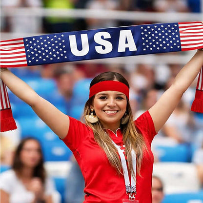 USA World Cup Fan Kit displayed with a woman holding a scarf featuring the USA flag and colors, celebrating the 2026 American Celebration.