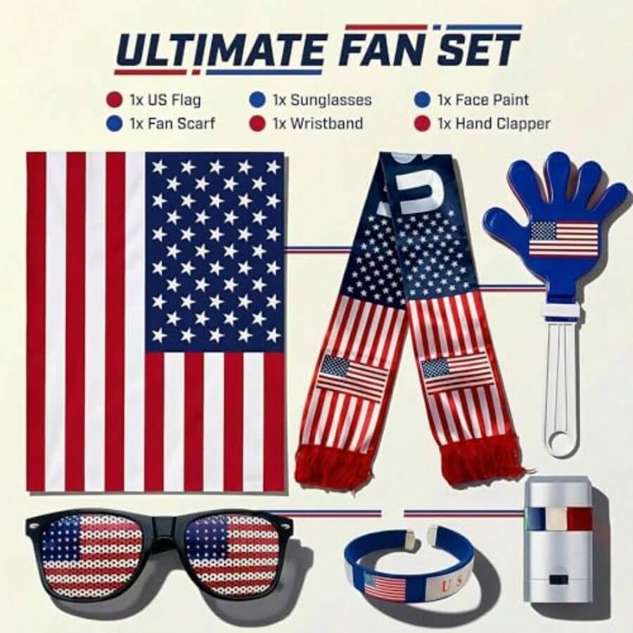 USA world cup fan kit featuring flags, sunglasses, scarves, wristbands, face paint, and clappers for ultimate fan celebration.