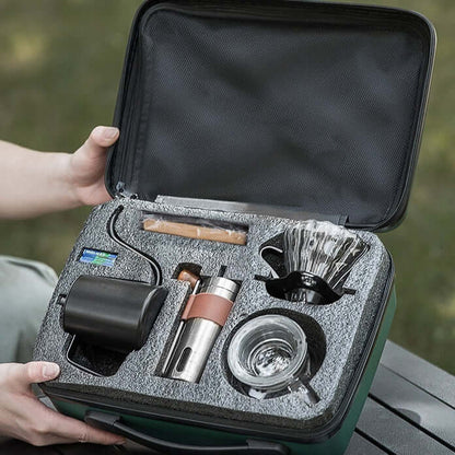 Travel coffee maker set displayed in a compact portable case, ideal for brewing on the go.