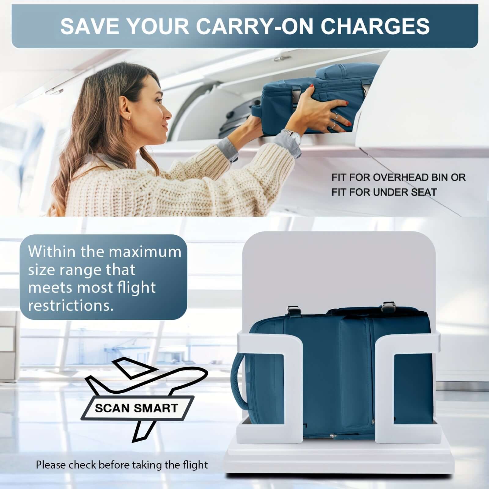 A woman placing a bag in an overhead bin, demonstrating the convenience of the Vacuum Backpack for travel.