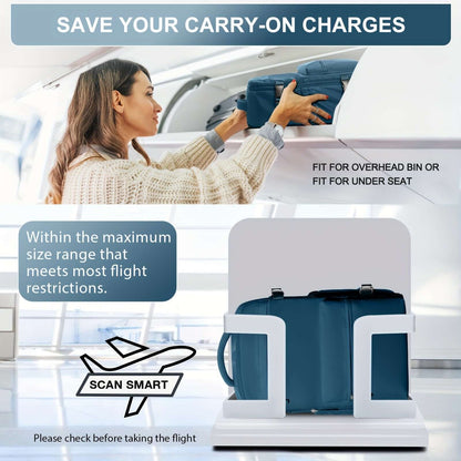 A woman placing a bag in an overhead bin, demonstrating the convenience of the Vacuum Backpack for travel.