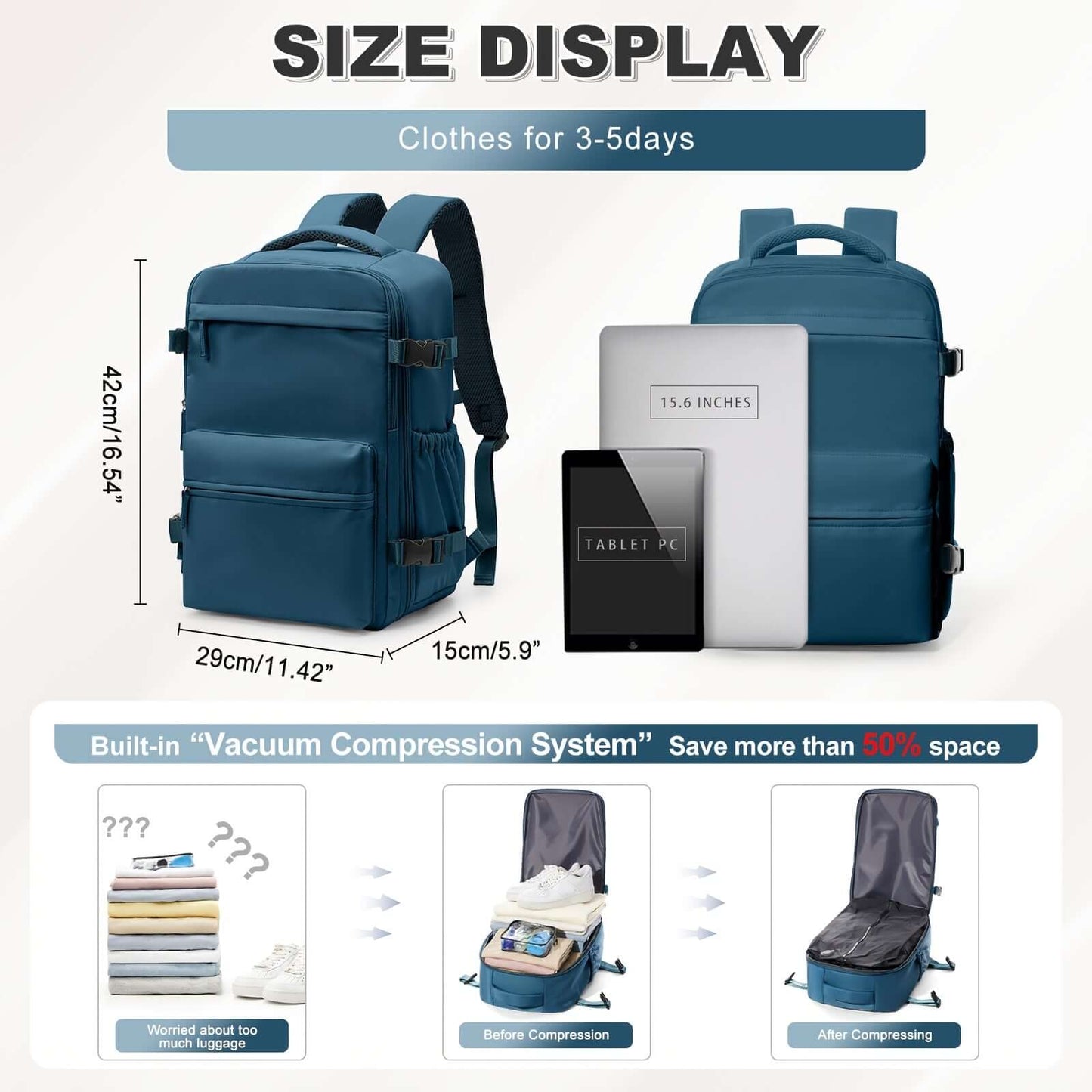 Vacuum Backpack with size display for clothes, nylon material, 40 liter capacity, featuring built-in vacuum compression system.