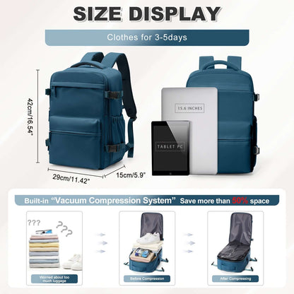 Vacuum Backpack with size display for clothes, nylon material, 40 liter capacity, featuring built-in vacuum compression system.