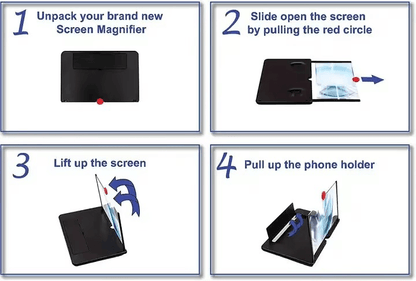 Instructions for using the 12 inch screen magnifier: unpack, slide open, lift screen, and pull phone holder.