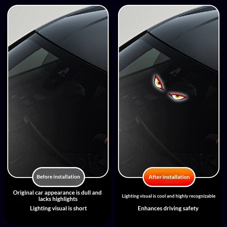 Car Window Evil Eyes Neon Light comparison showing dull vs enhanced visual after installation for safety.