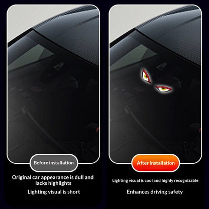 Car Window Evil Eyes Neon Light comparison showing dull vs enhanced visual after installation for safety.