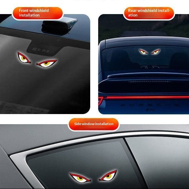 Car Window Evil Eyes Neon Light installation examples on front, rear, and side windows.