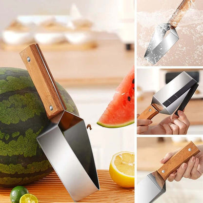 Watermelon Splitter with wooden handle and metallic scoop, designed for easy watermelon slicing and serving.