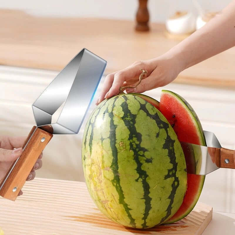 Watermelon Splitter slicing a watermelon effortlessly with a sleek, stainless steel blade and wooden handle.