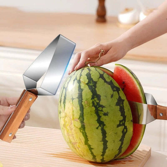 Watermelon Splitter slicing a watermelon effortlessly with a sleek, stainless steel blade and wooden handle.