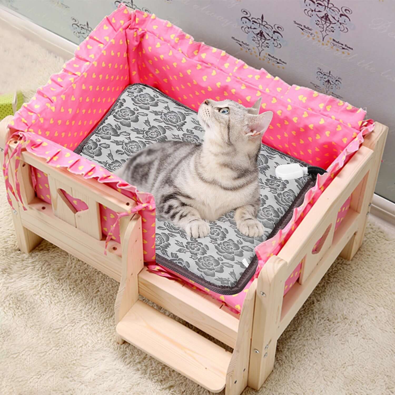 Waterproof Pet Heating Pad with a reinforced steel-wrapped cord and a soft, removable cover for thermal comfort.