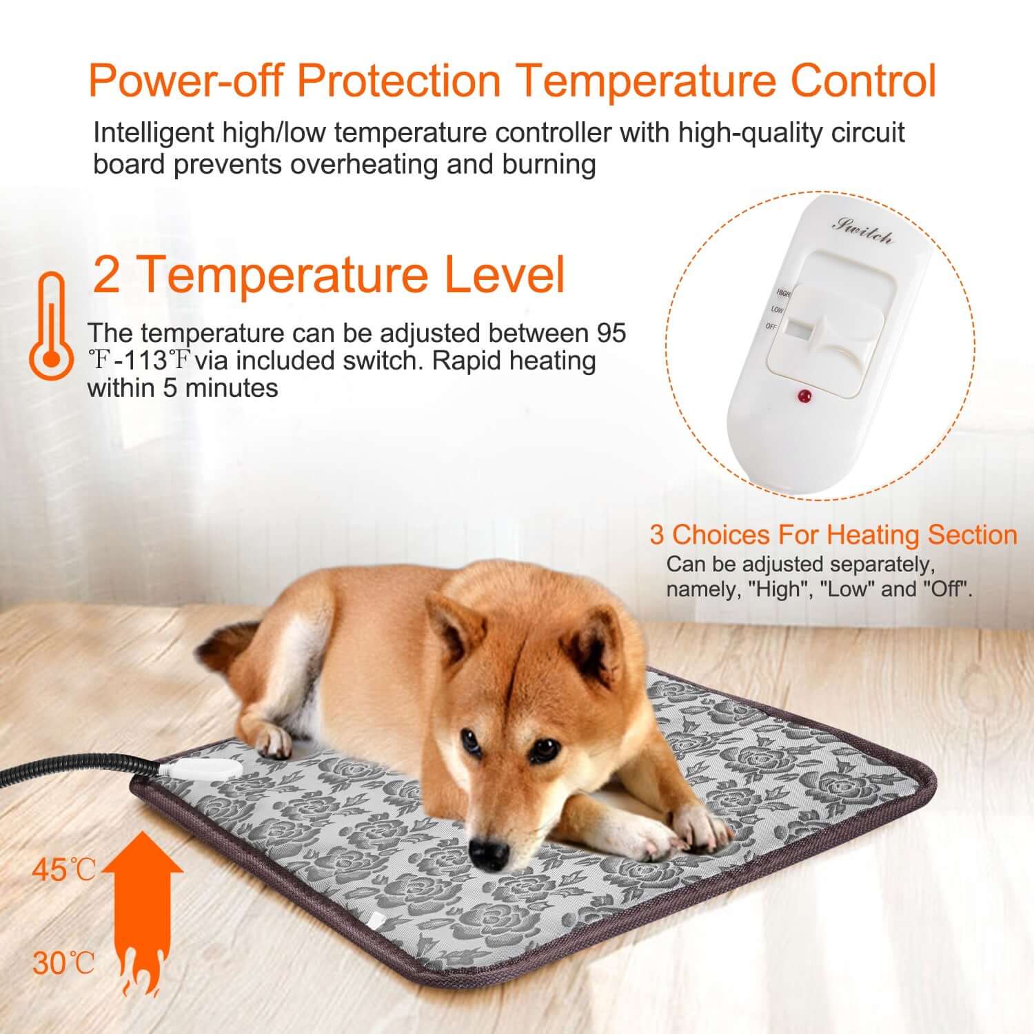 Waterproof Pet Heating Pad with a reinforced steel-wrapped cord and a soft, removable cover for thermal comfort.