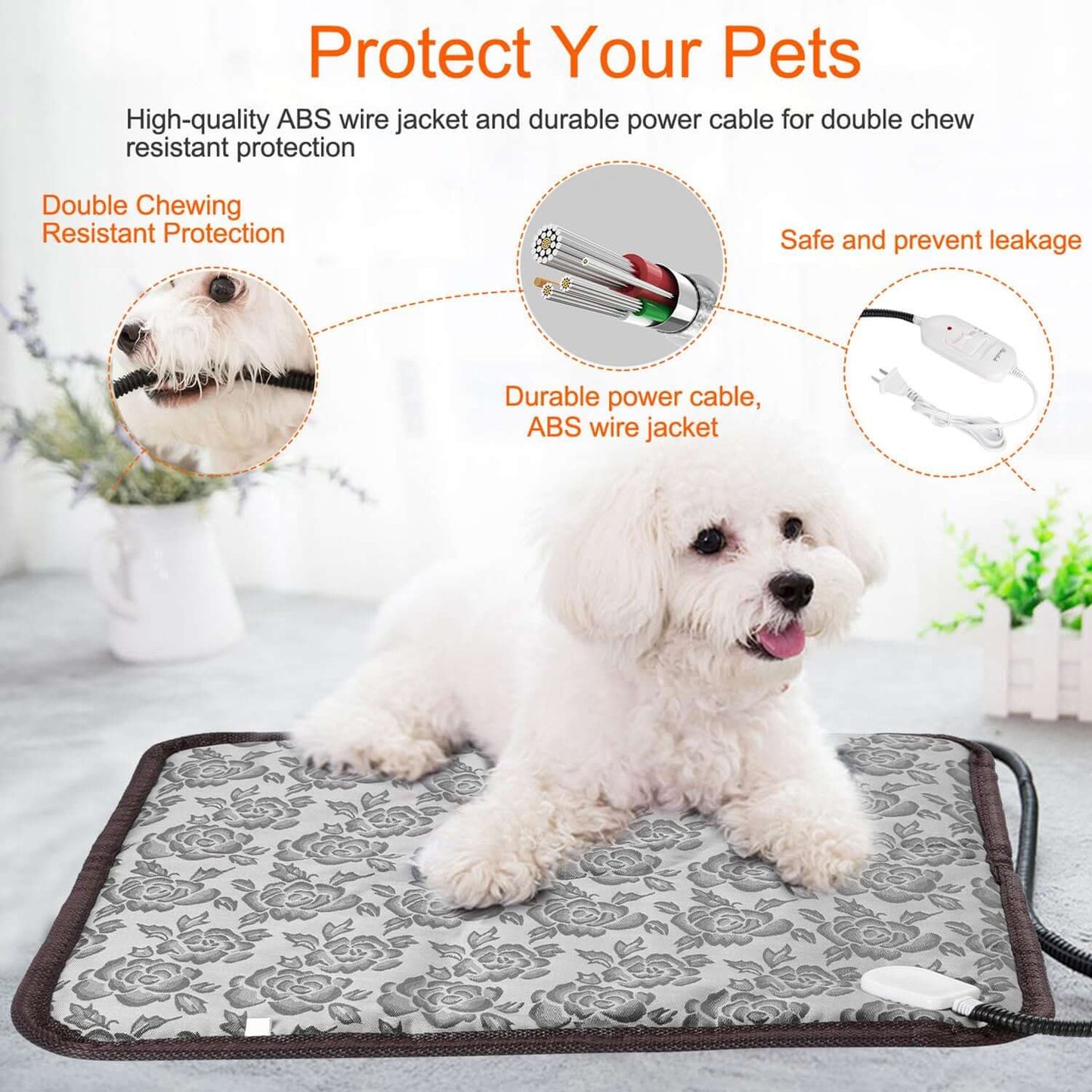 Waterproof Pet Heating Pad with a reinforced steel-wrapped cord and a soft, removable cover for thermal comfort.