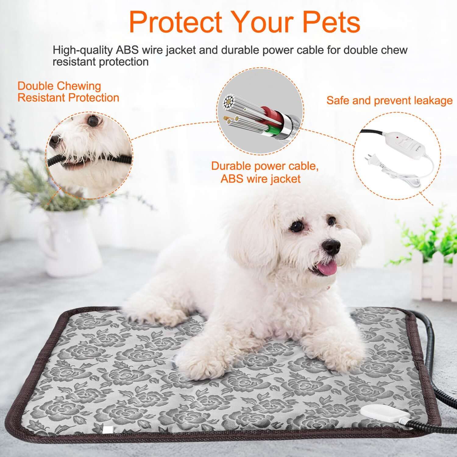 Waterproof Pet Heating Pad with a reinforced steel-wrapped cord and a soft, removable cover for thermal comfort.