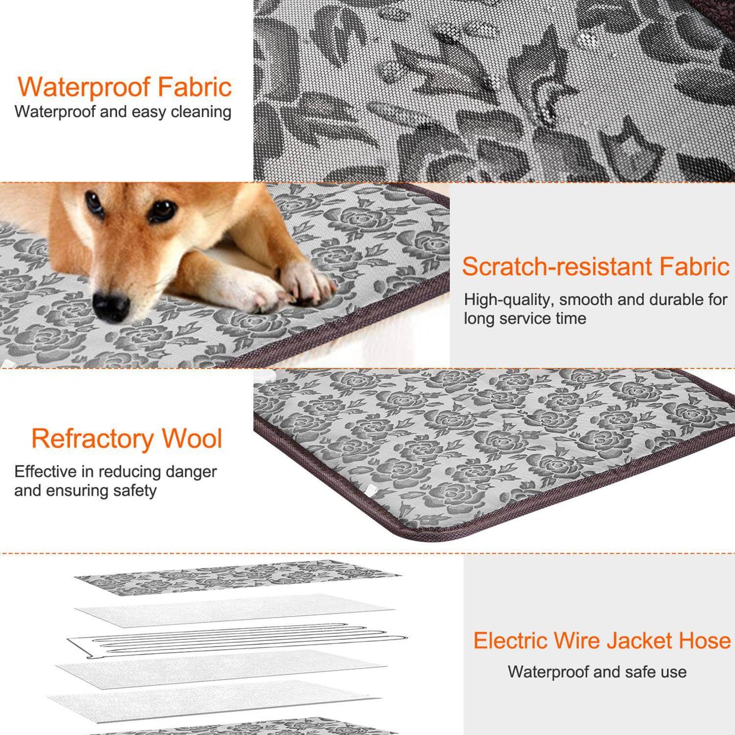 Waterproof Pet Heating Pad with a reinforced steel-wrapped cord and a soft, removable cover for thermal comfort.