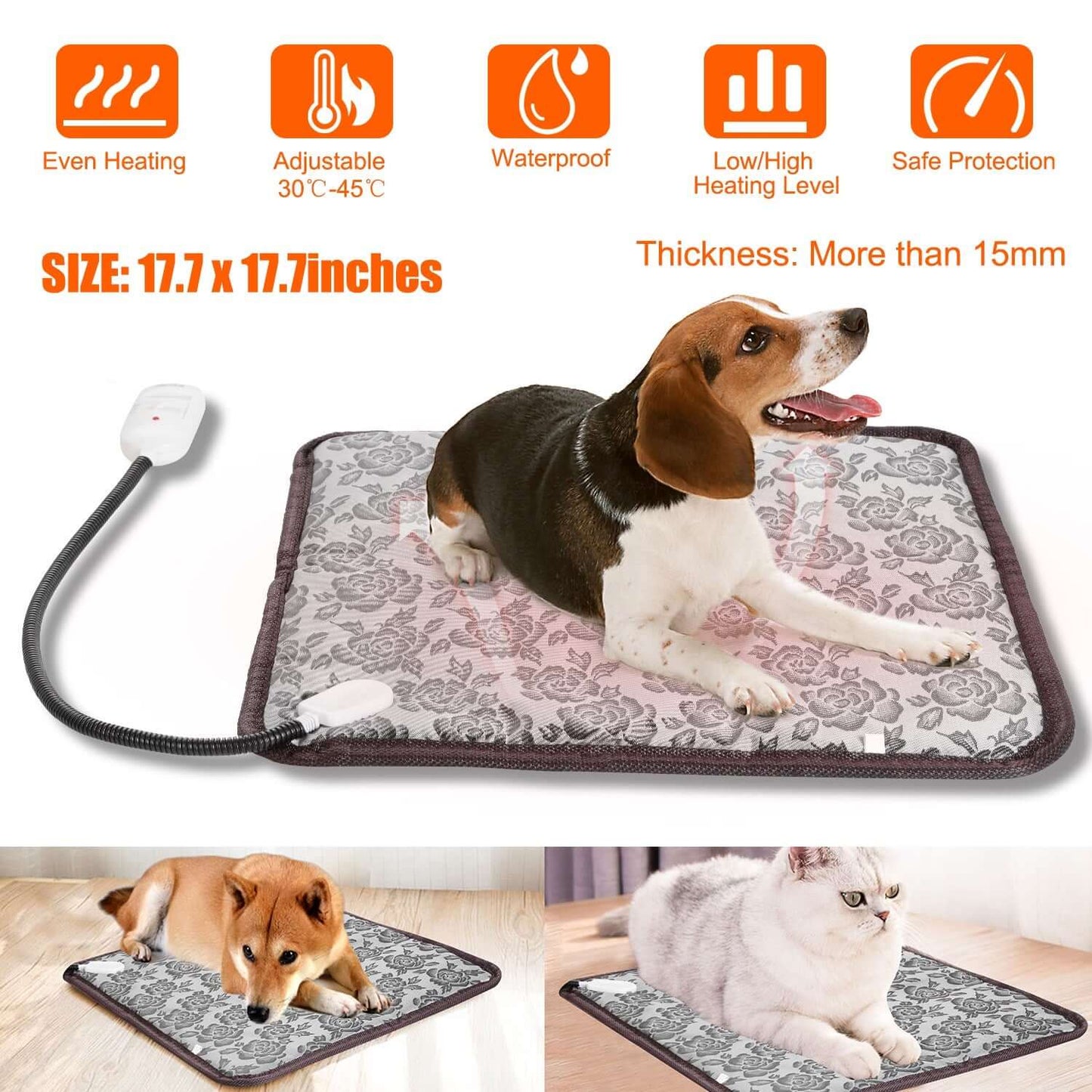Waterproof Pet Heating Pad with a reinforced steel-wrapped cord and a soft, removable cover for thermal comfort.