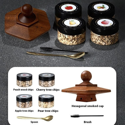 Wooden Cocktail Smoker Kit featuring hexagonal infuser top, wood chip jars, spoon, and brush, ideal for cocktail enthusiasts.
