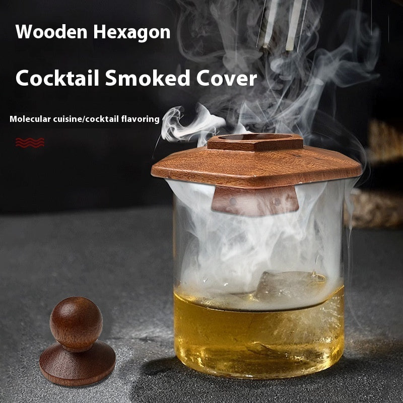 Wooden Cocktail Smoker Kit featuring hexagonal smoked cover for cocktails, enhancing molecular cuisine flavor experience.